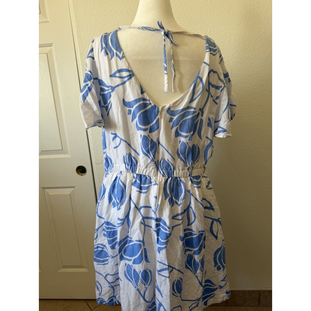 Lane Bryant Womens Plus Size 22 Blue White Floral Linen Fit Flare Dress Boatneck - Picture 3 of 16